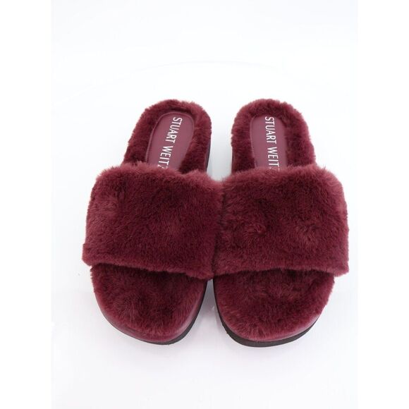 Stuart Weitzman Elodie Chill Slide Tan Burgundy Sandals Faux Fur Women's 5B - Picture 5 of 12